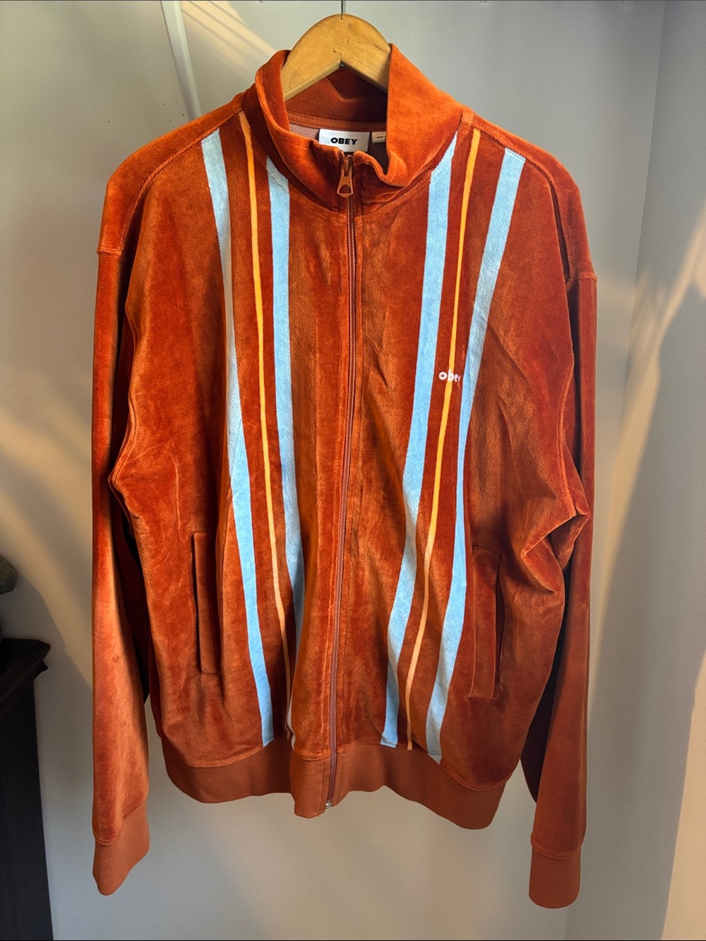 OBEY Men’s Velour Track Jacket Rust Orange Blue Striped Full Zip Size L
